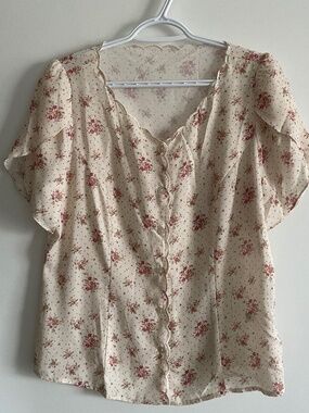 NWOT Simple Retro Floral Cream Button Blouse Short Sleeve Scallop Neck Large